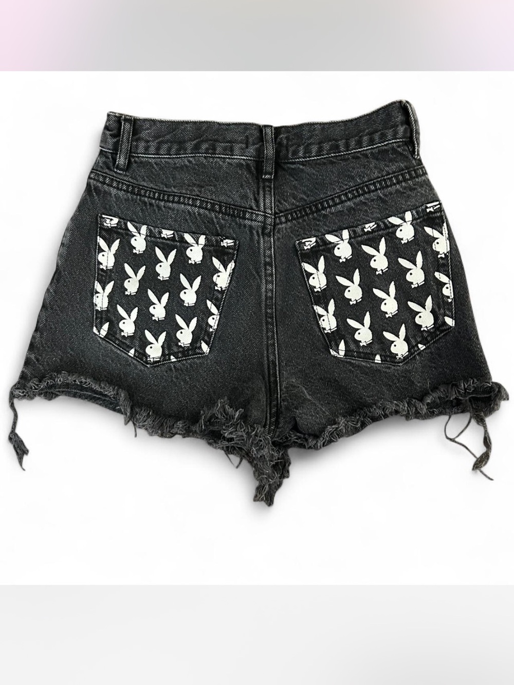 PacSun PLAYBOY Black High-Waist Distressed Denim Shorts with Bunny Pocket Print